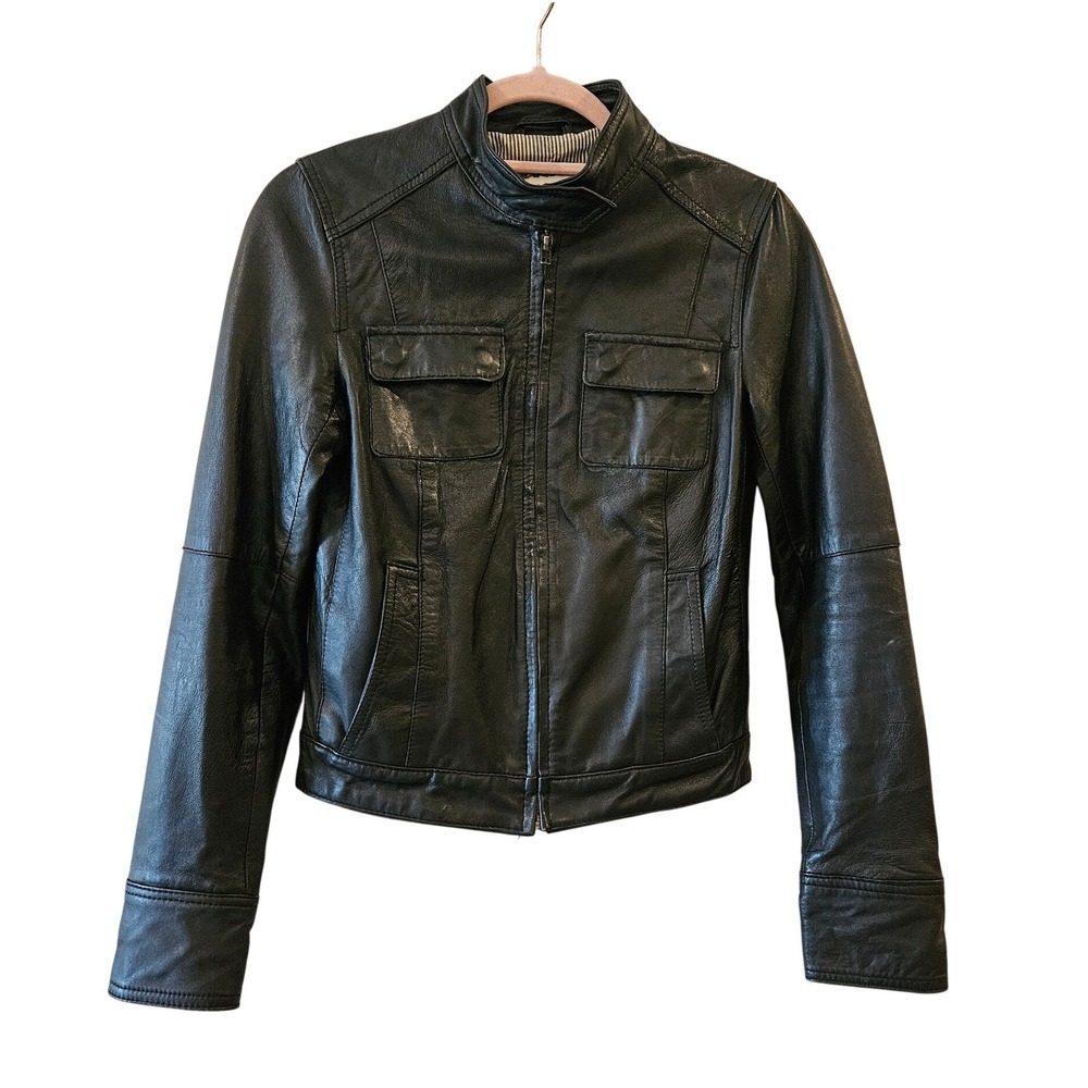 Mango Black Genuine Leather Jacket Full Zip Pinstripe Lining Pockets Womens S